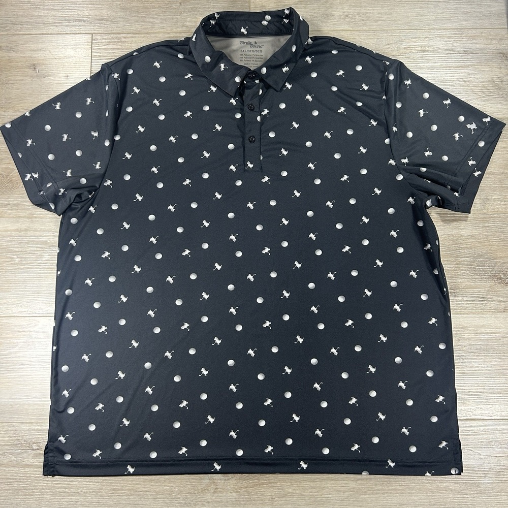 Birdie Bound 3XL Performance Golf Polo Shirt Men's Black Bird & Golf Ball‎ Print